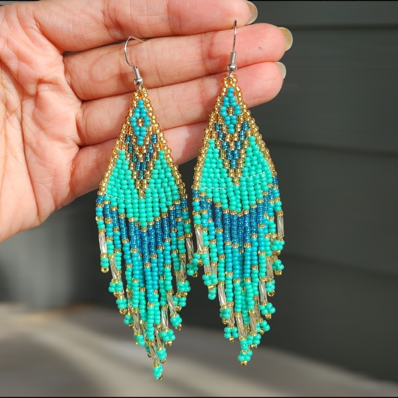 Boheme Jewelry - BRIE TRIBAL EARRINGS RICE BEADS DANGLE BOHEMIAN ETHNIC GREEN BLUE HANDMADE
